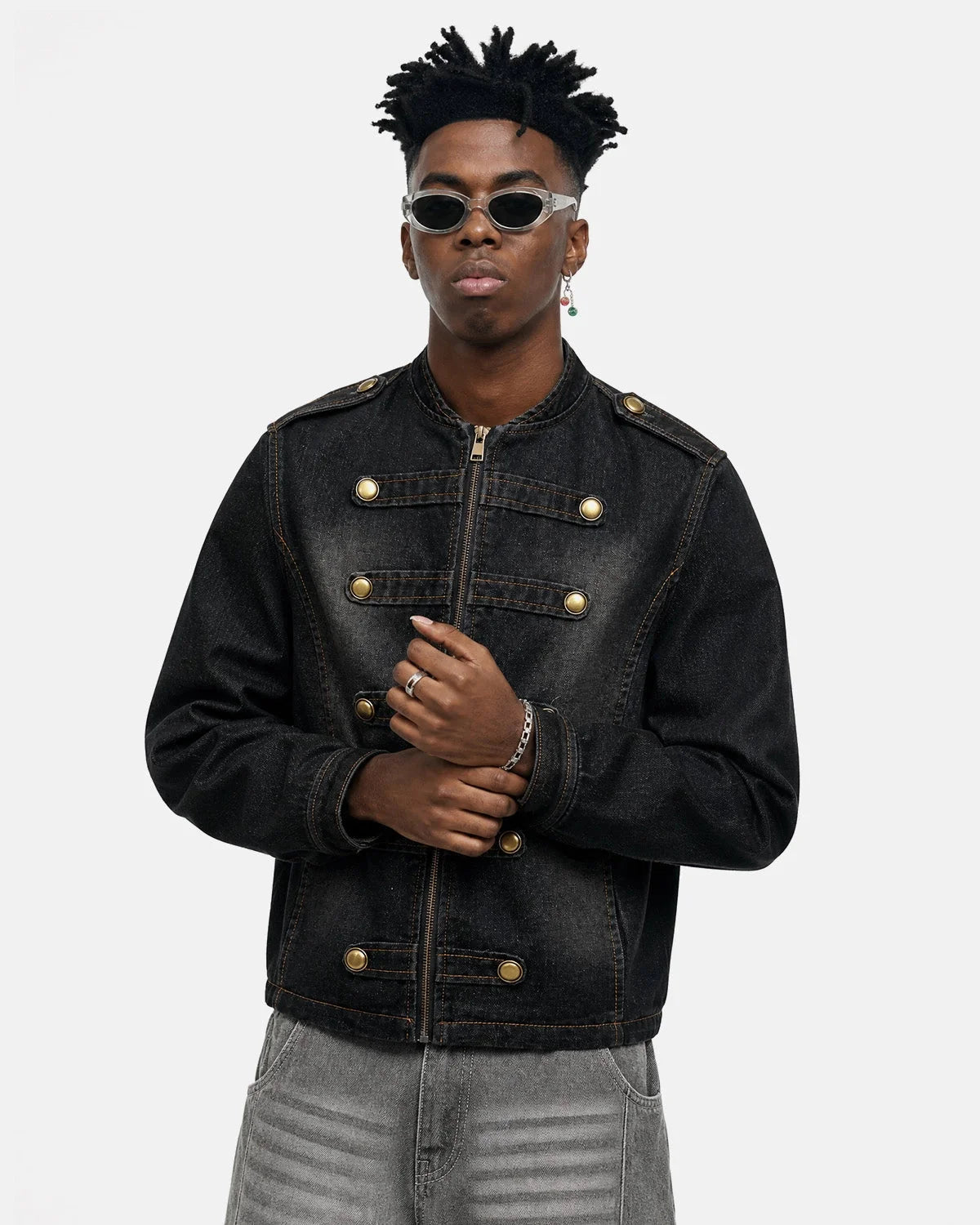 Omygoods Napoleon-Inspired Washed Denim Jacket