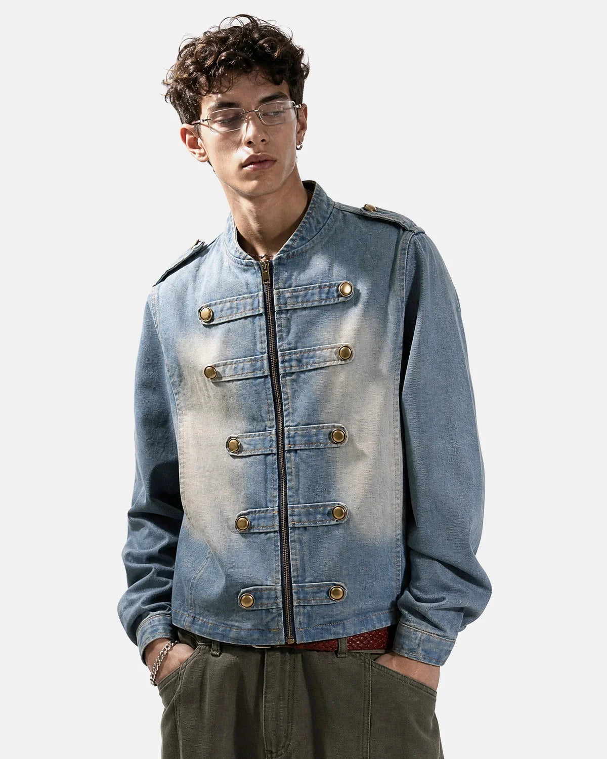 Omygoods Napoleon-Inspired Washed Denim Jacket