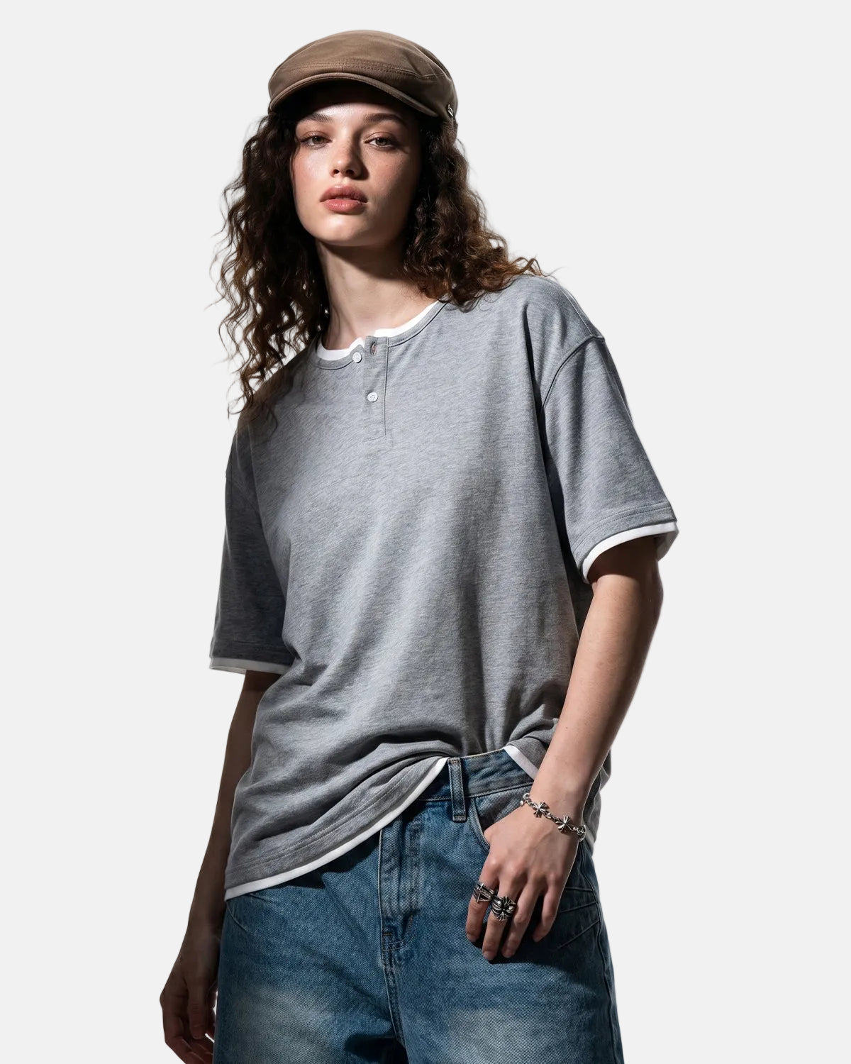 Omygoods Old Money Layered Henley T-Shirt
