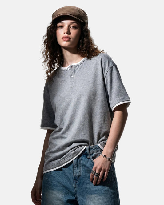 Omygoods Old Money Layered Henley T-Shirt