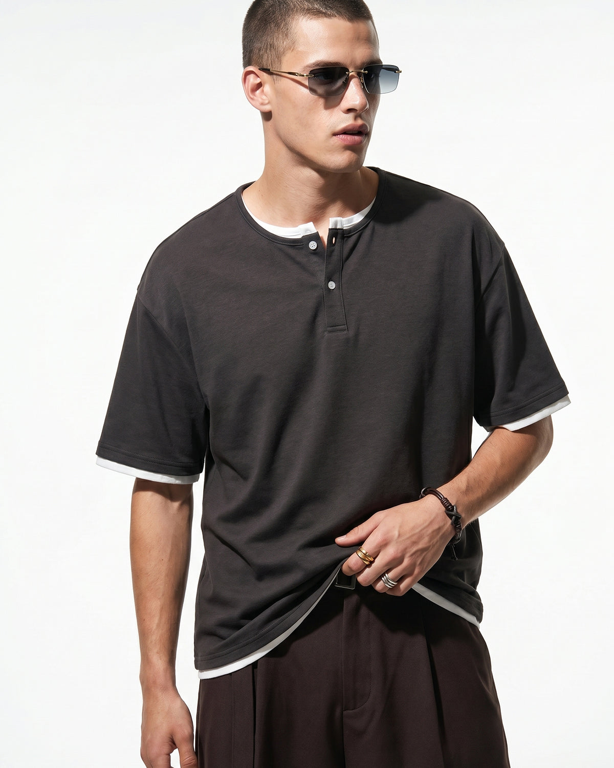 Omygoods Old Money Layered Henley T-Shirt