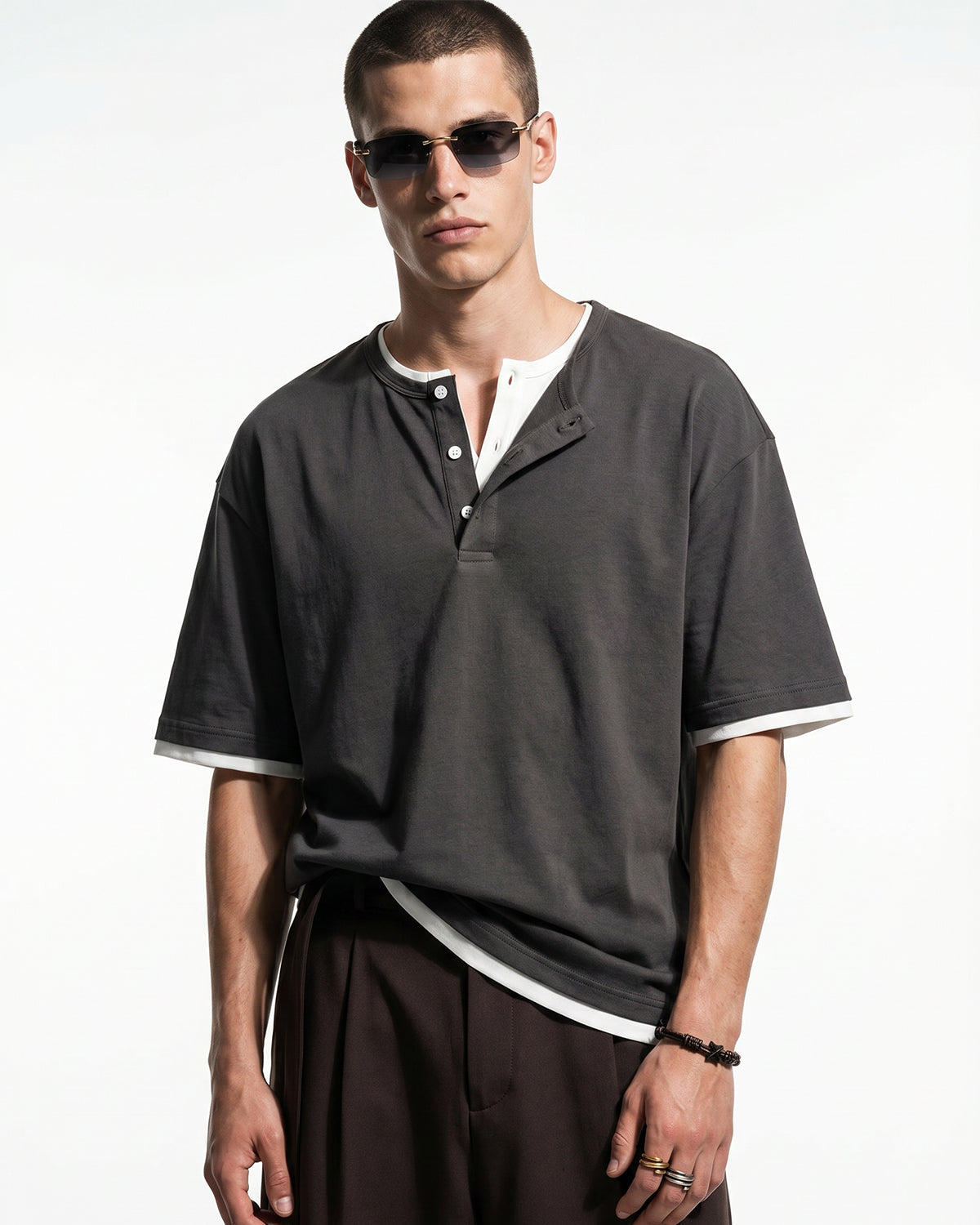 Omygoods Old Money Layered Henley T-Shirt