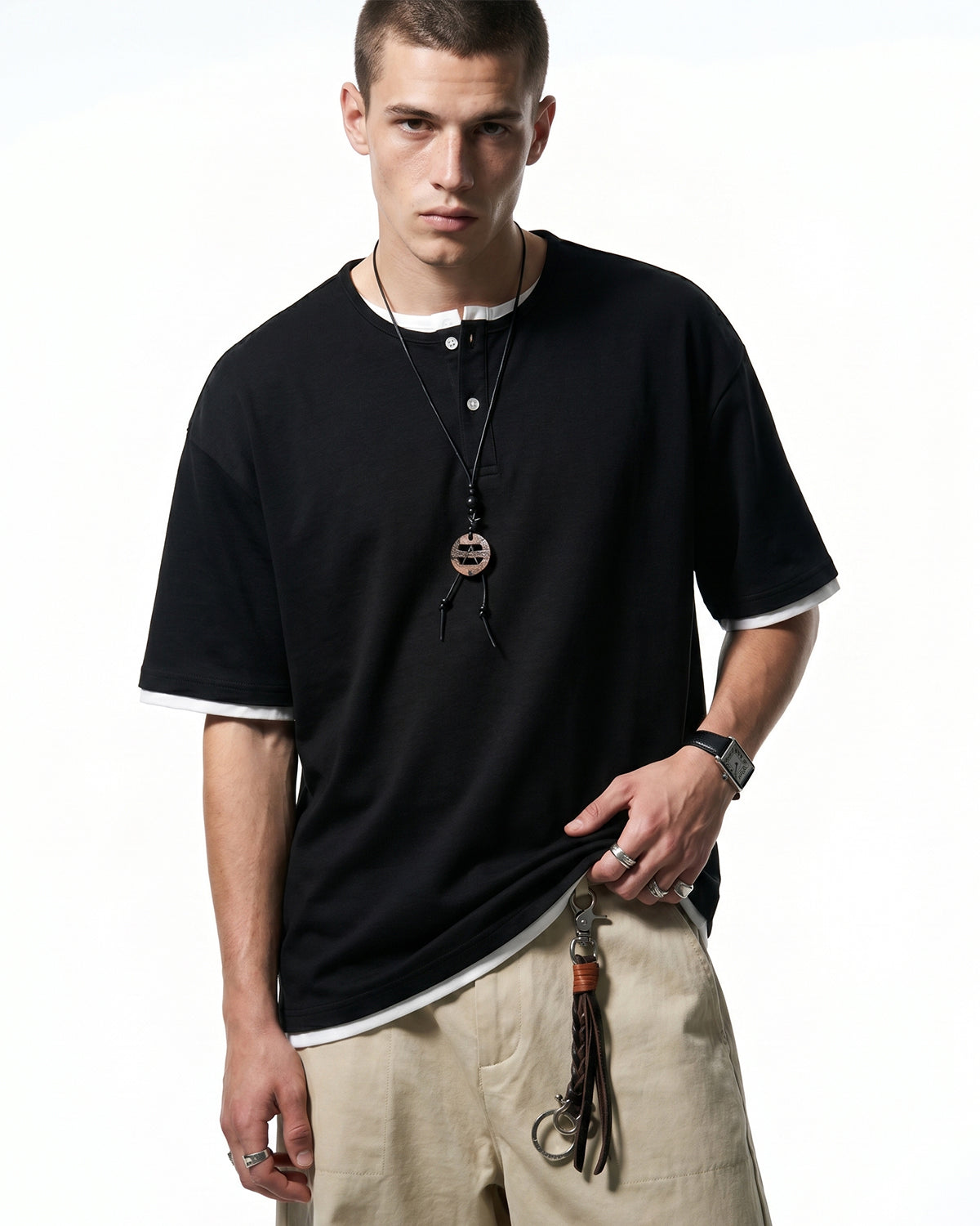Omygoods Old Money Layered Henley T-Shirt