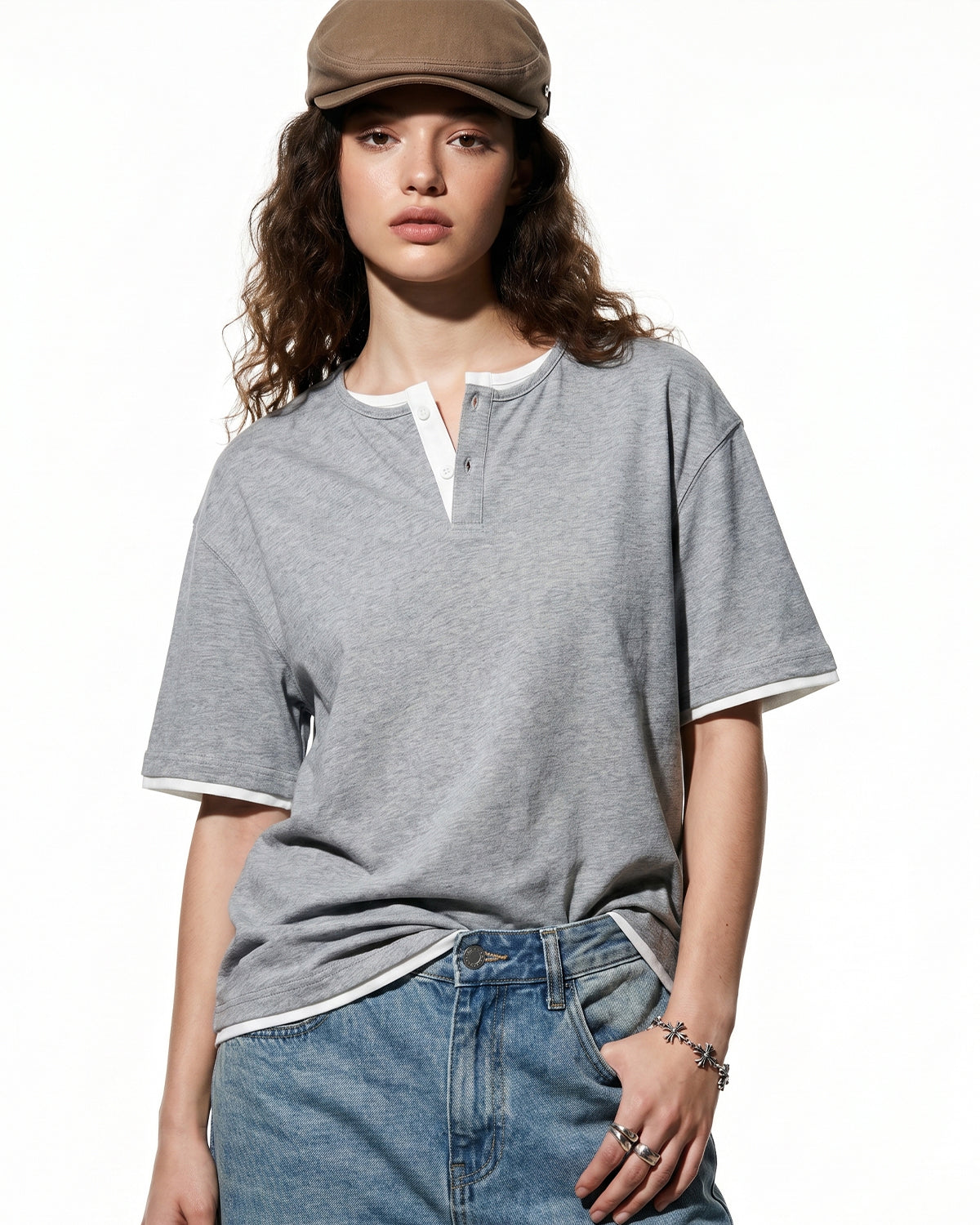 Omygoods Old Money Layered Henley T-Shirt