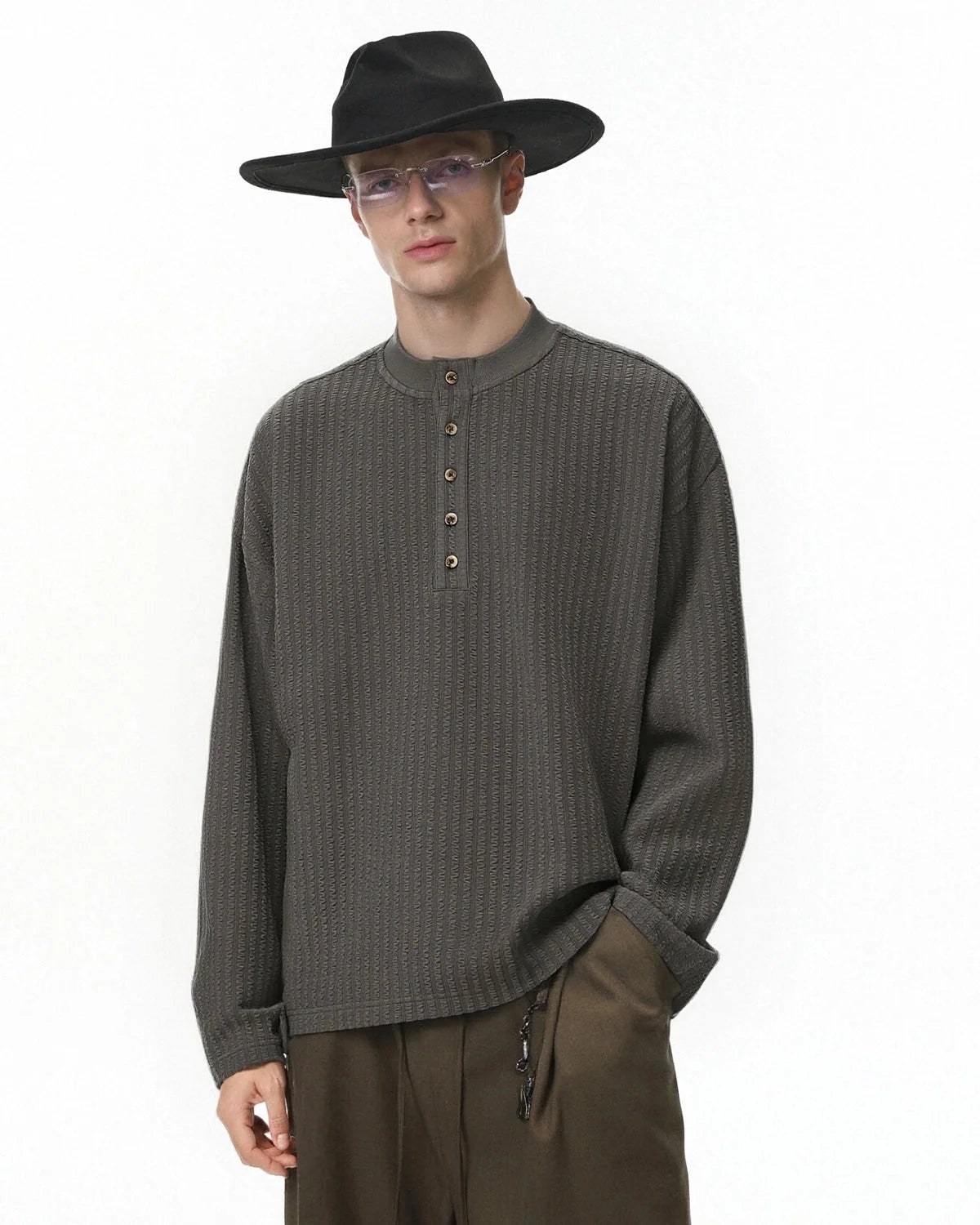 Omygoods Old Money Style Henley Long Sleeve Tee
