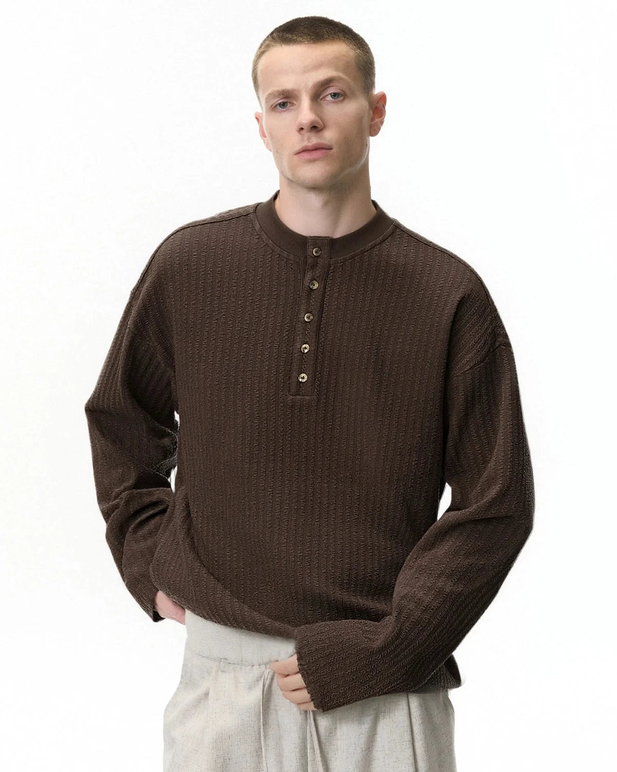 Omygoods Old Money Style Henley Long Sleeve Tee