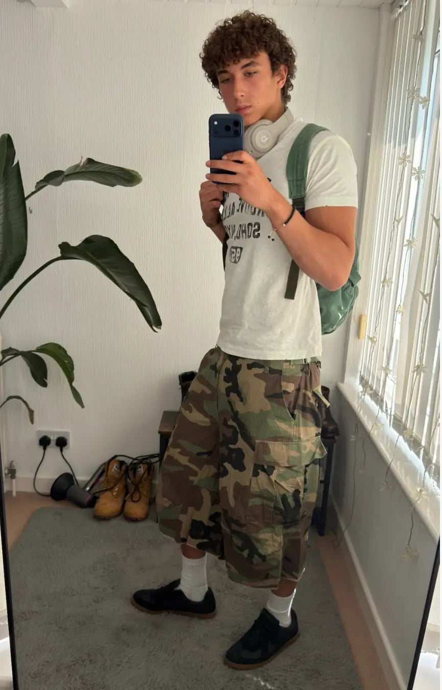 Omygoods Oversized Camo Cargo Longline Shorts