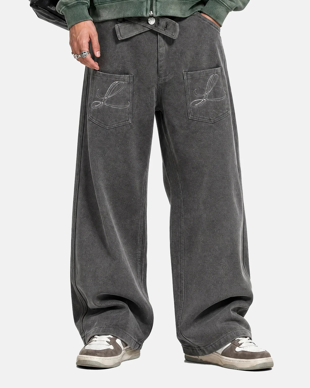 Omygoods Paris Buckle Embroidered Cargo Pants