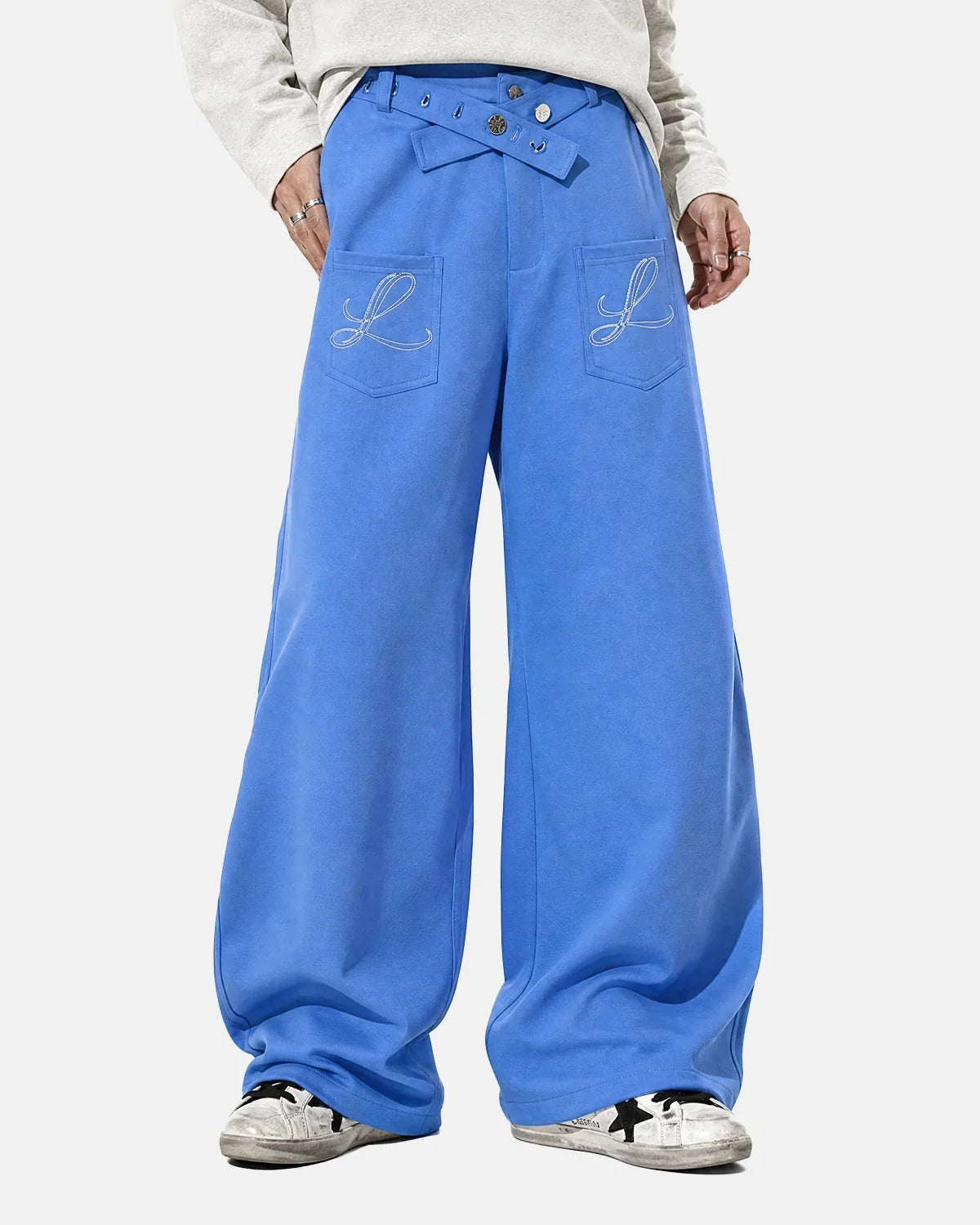 Omygoods Paris Buckle Embroidered Cargo Pants