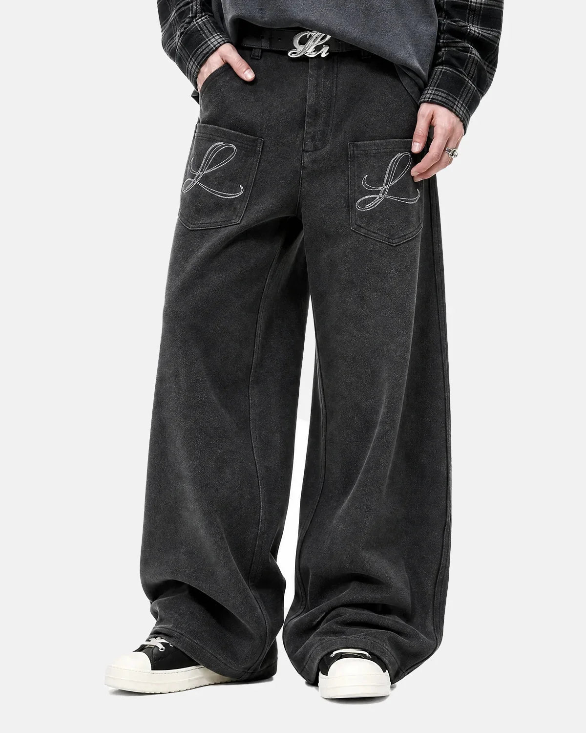 Omygoods Paris Buckle Embroidered Cargo Pants