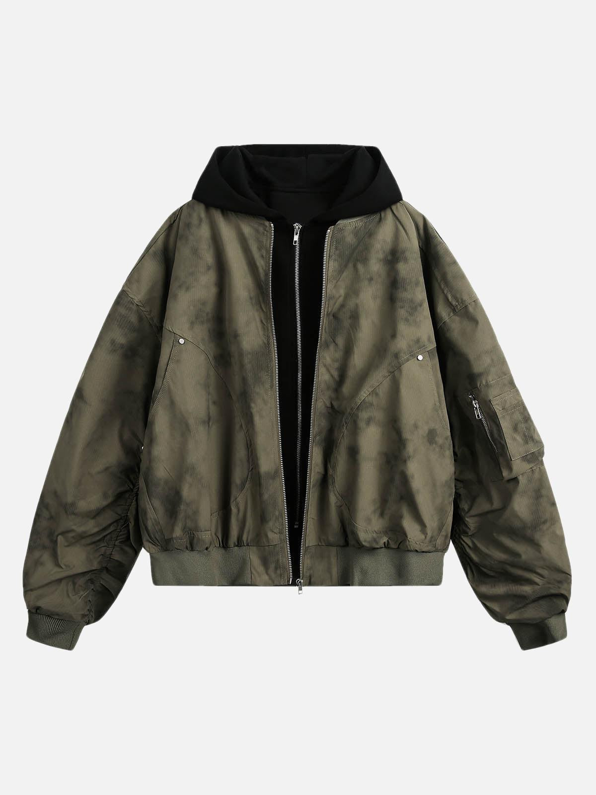Omygoods Patchwork Faux Two-Piece Gradient Hooded Bomber Jacket