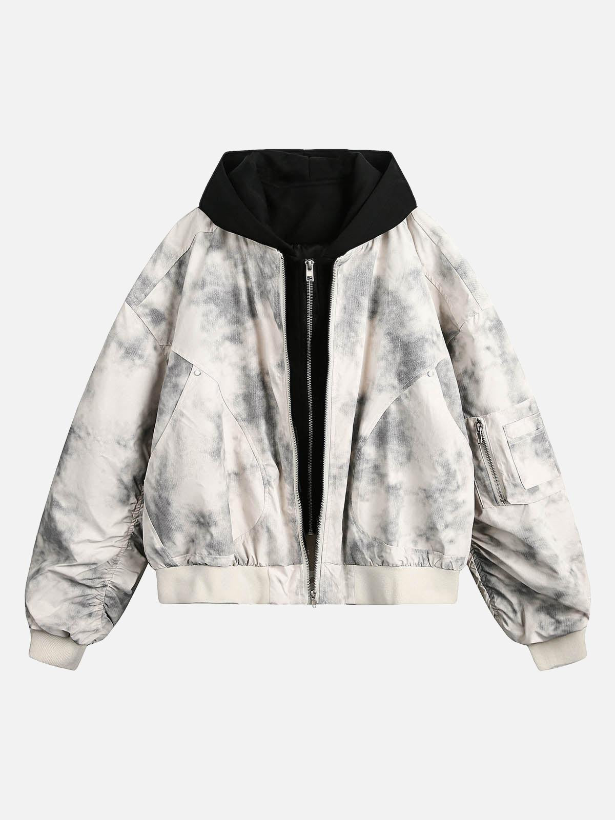 Omygoods Patchwork Faux Two-Piece Gradient Hooded Bomber Jacket