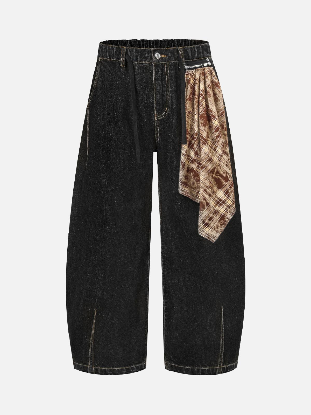 Omygoods Patchwork Plaid Pleated Baggy Barrel Jeans