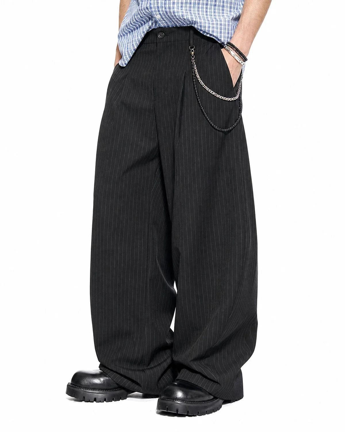 Omygoods Pinstripe Pleated Barrel Tailored Pants