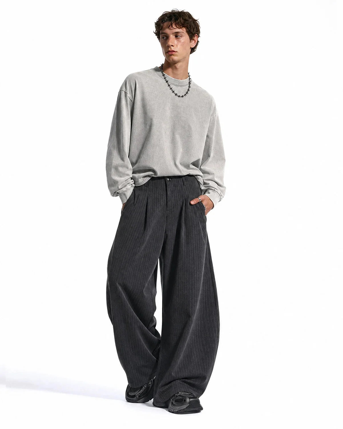 Omygoods Pinstripe Pleated Barrel Tailored Pants