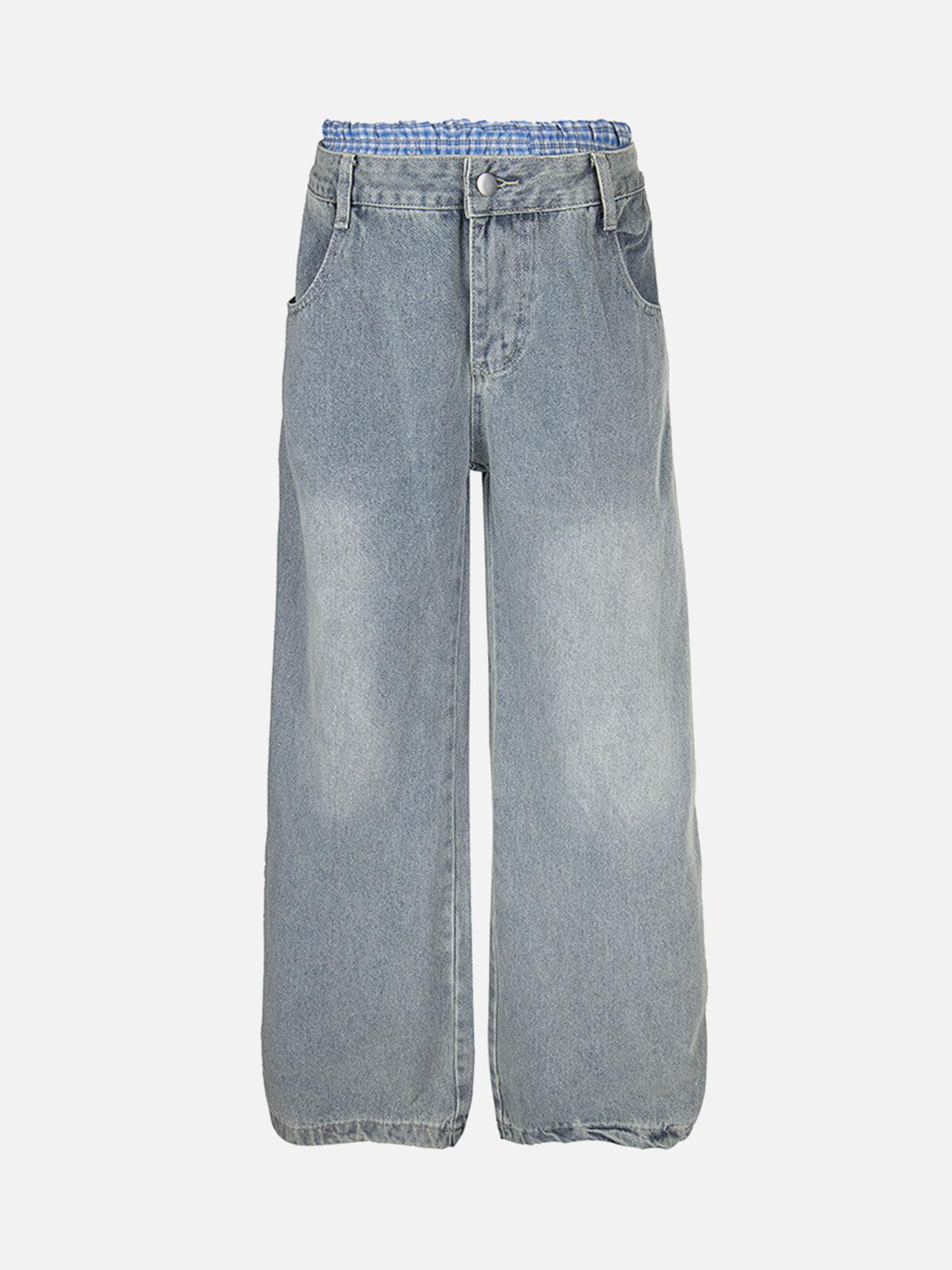 Omygoods Plaid Double Waist Baggy Jeans
