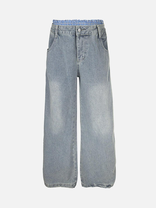 Omygoods Plaid Double Waist Baggy Jeans