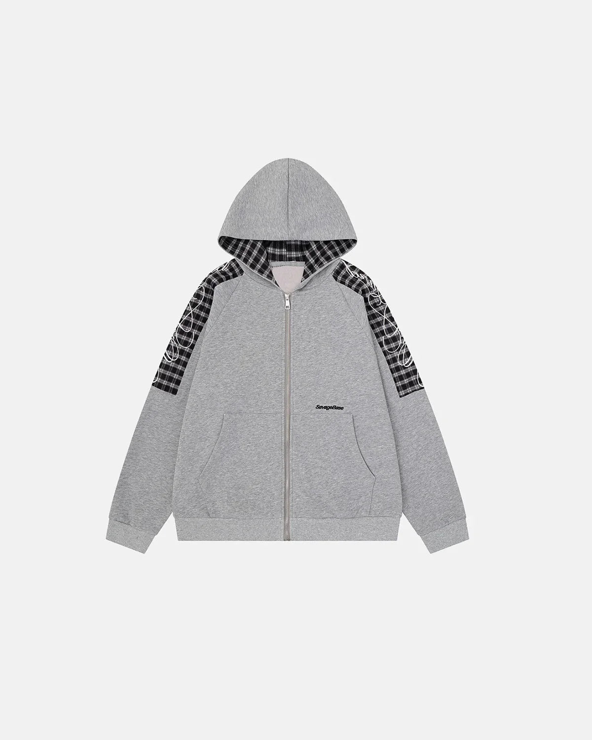 Omygoods Plaid Panel Zip-Up Hoodie