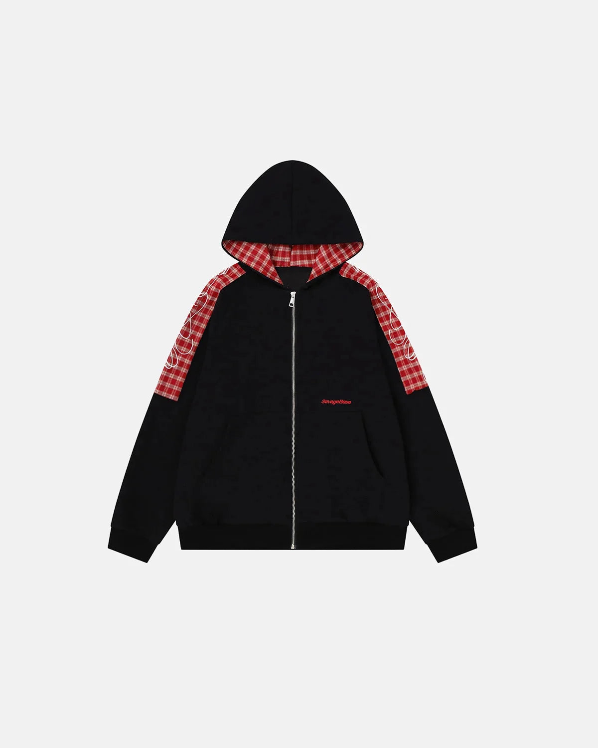 Omygoods Plaid Panel Zip-Up Hoodie