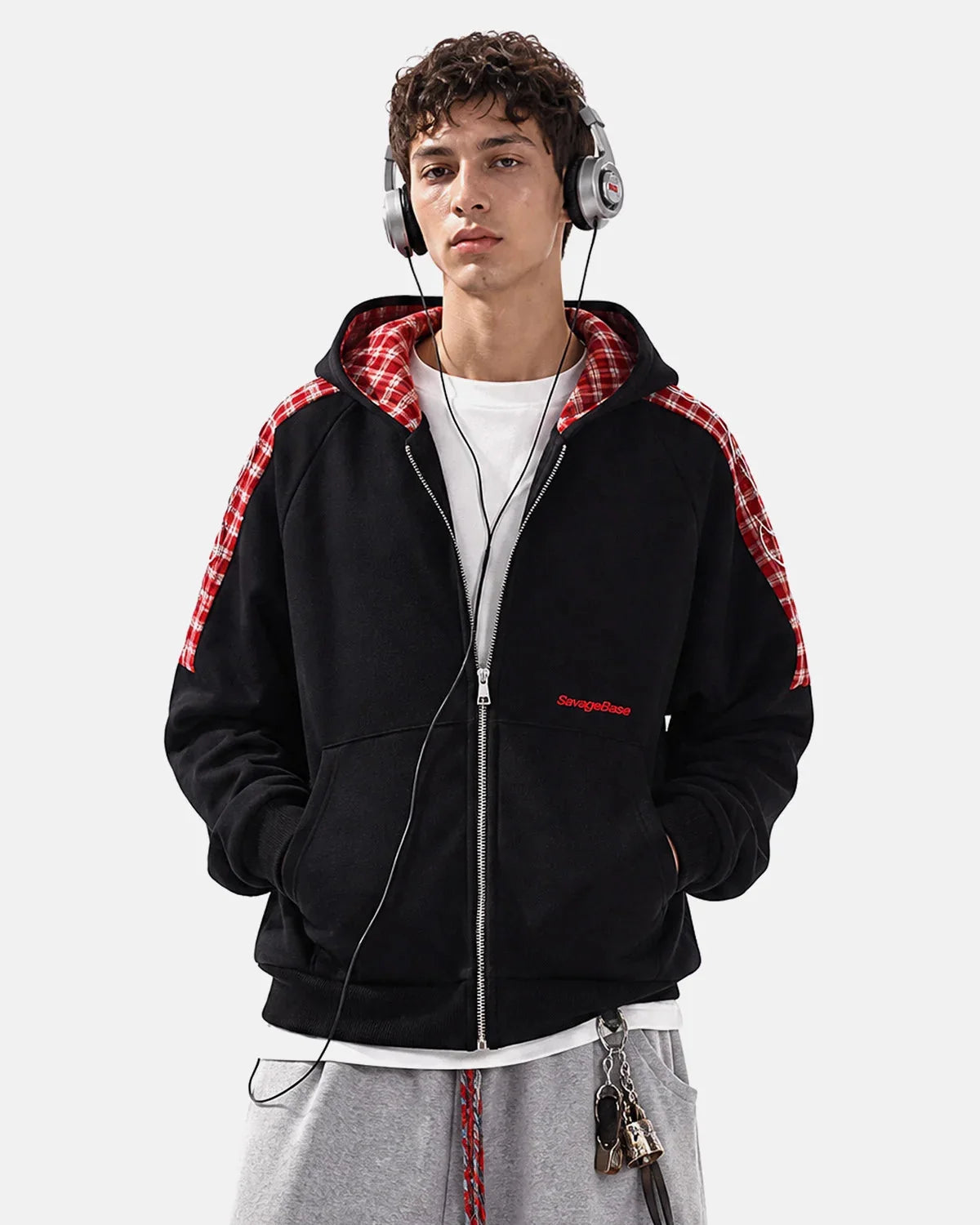 Omygoods Plaid Panel Zip-Up Hoodie