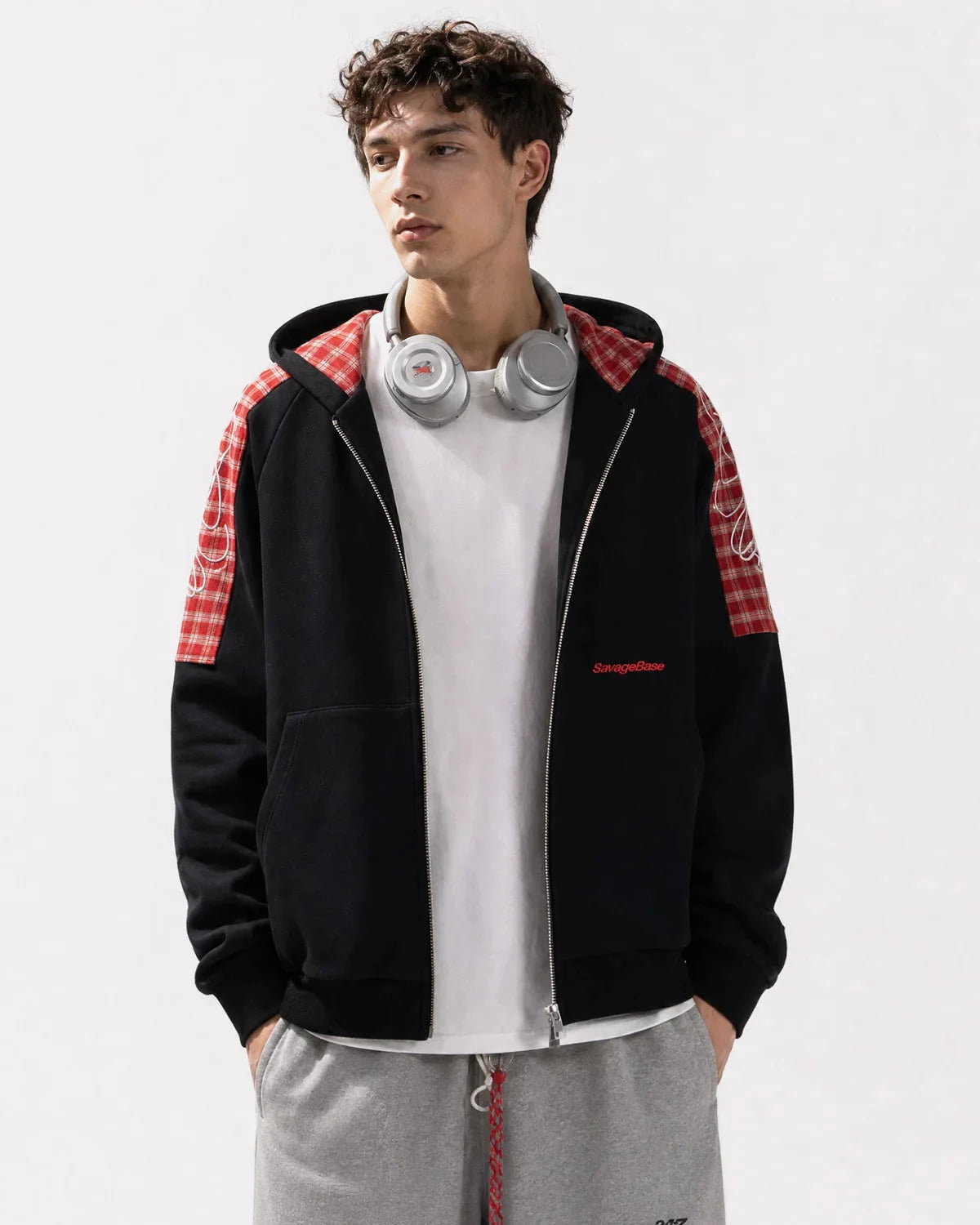 Omygoods Plaid Panel Zip-Up Hoodie