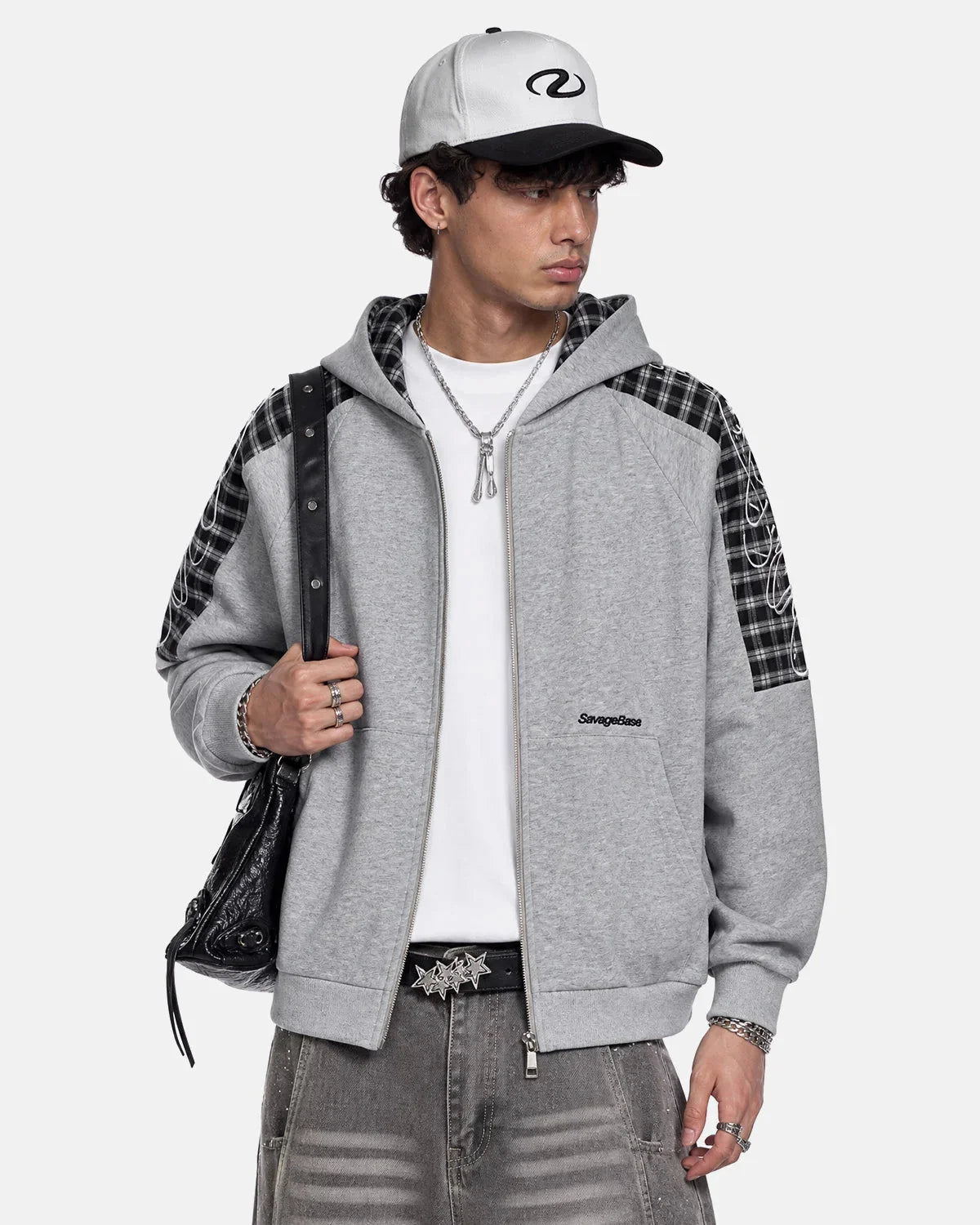 Omygoods Plaid Panel Zip-Up Hoodie