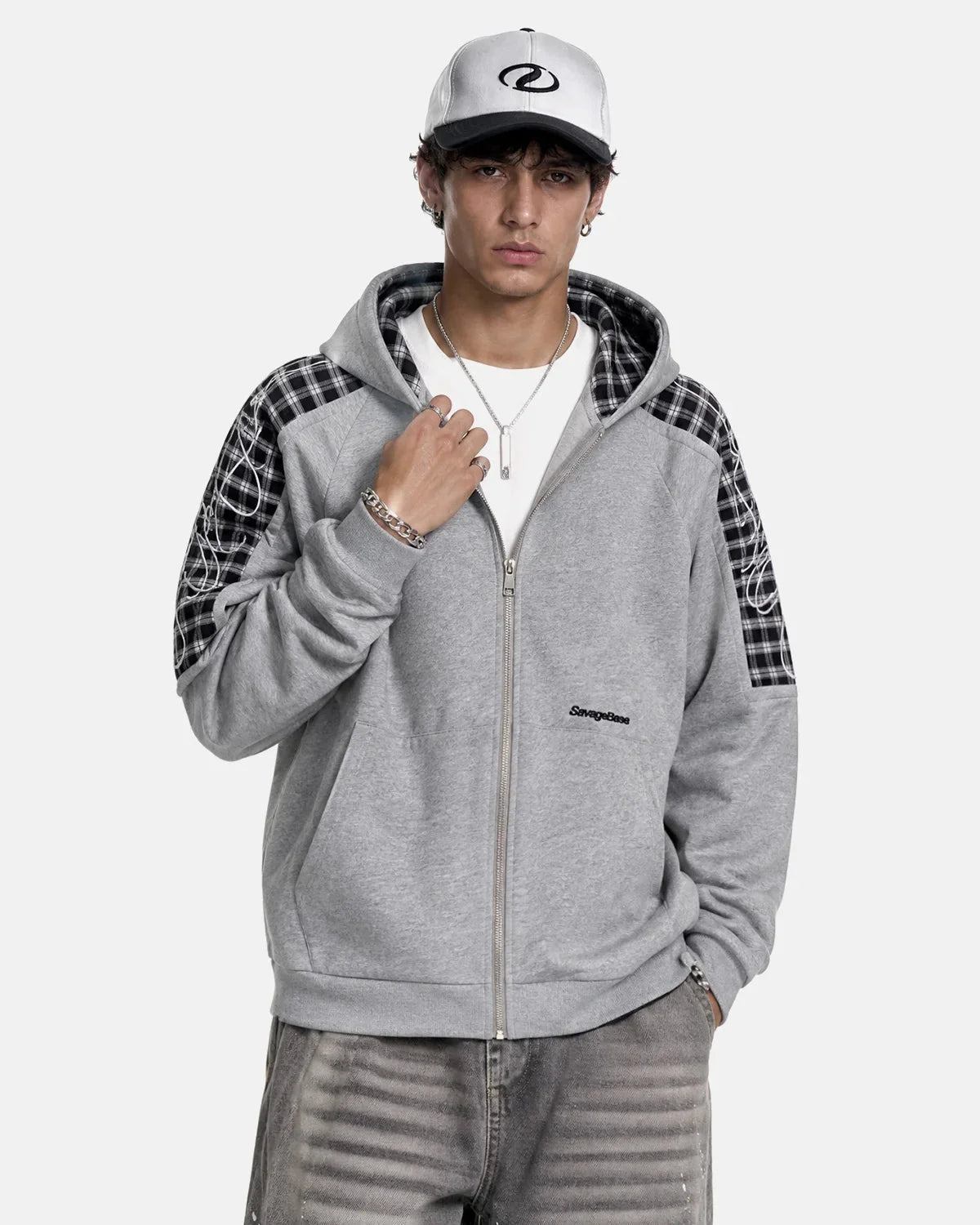Omygoods Plaid Panel Zip-Up Hoodie