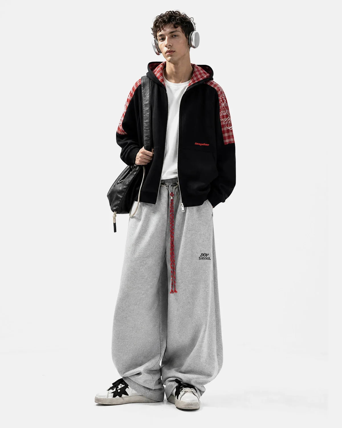 Omygoods Plaid Panel Zip-Up Hoodie