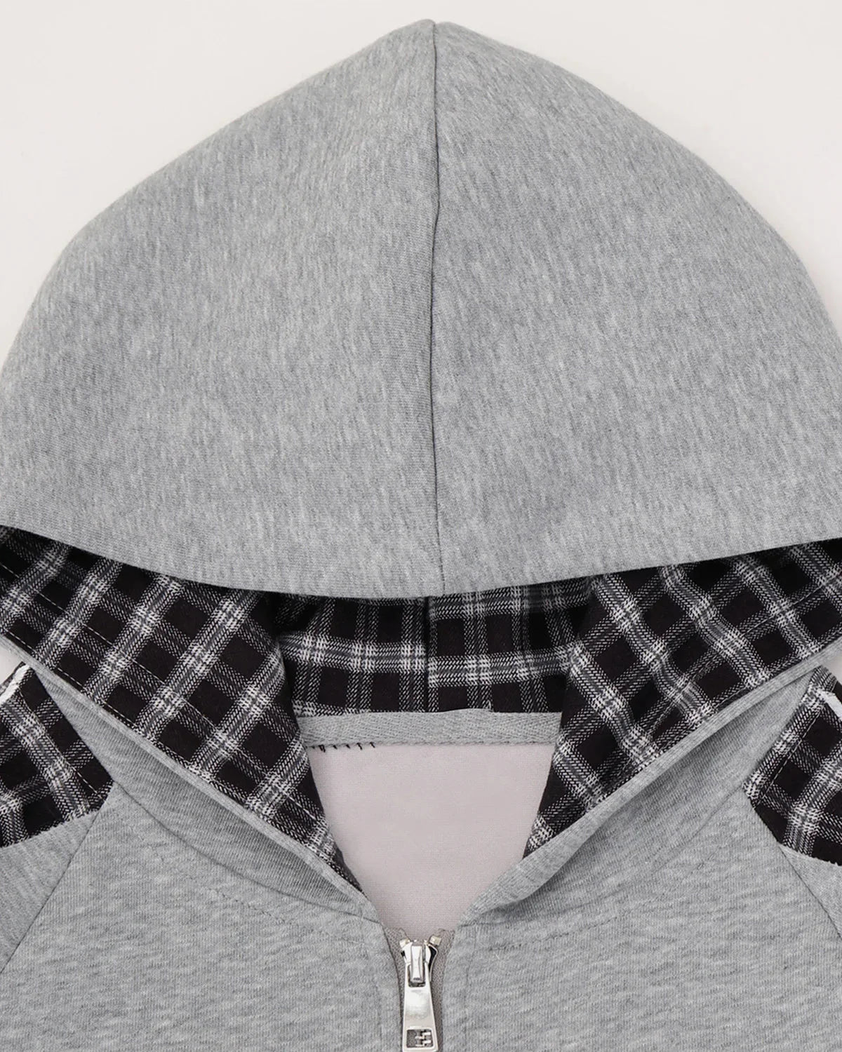 Omygoods Plaid Panel Zip-Up Hoodie