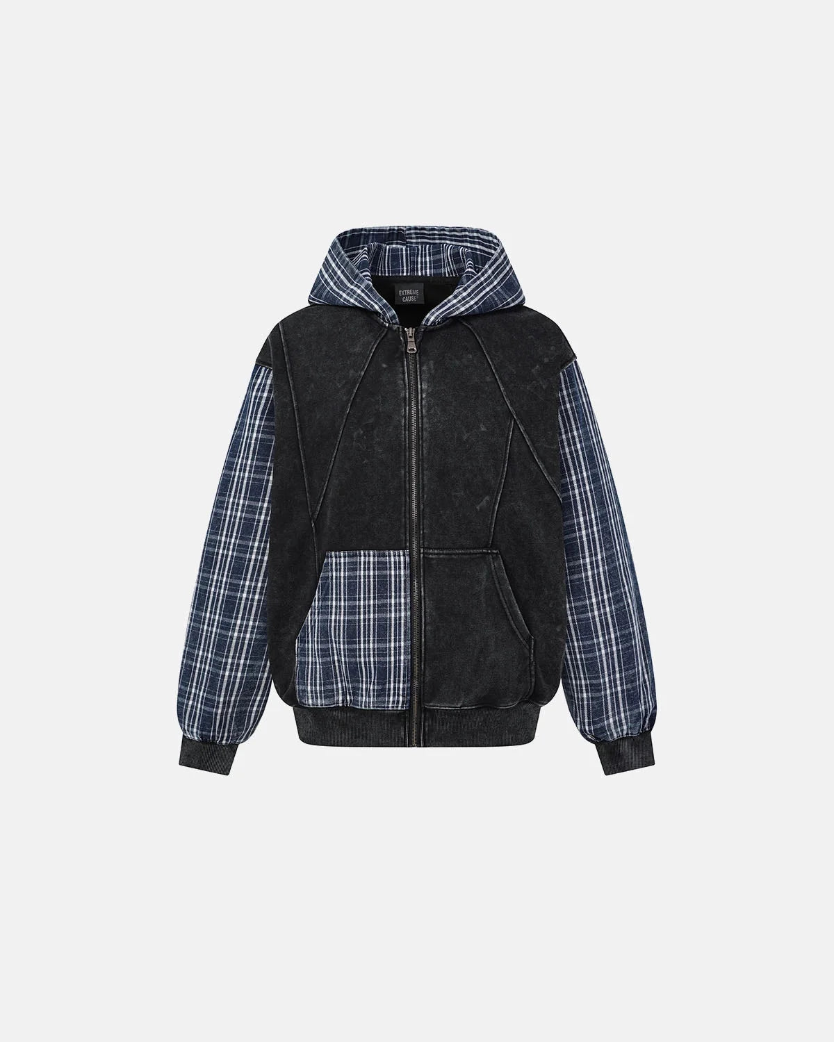 Omygoods Plaid Patchwork Boxy Zip Up Hoodie
