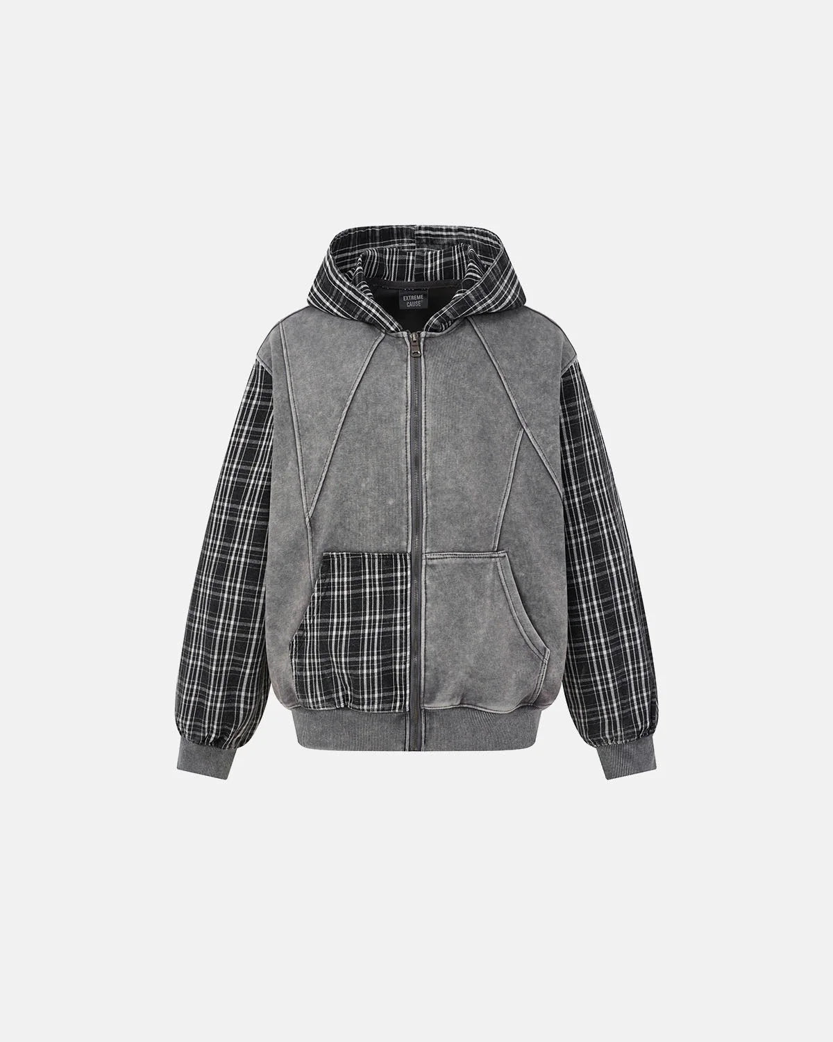 Omygoods Plaid Patchwork Boxy Zip Up Hoodie