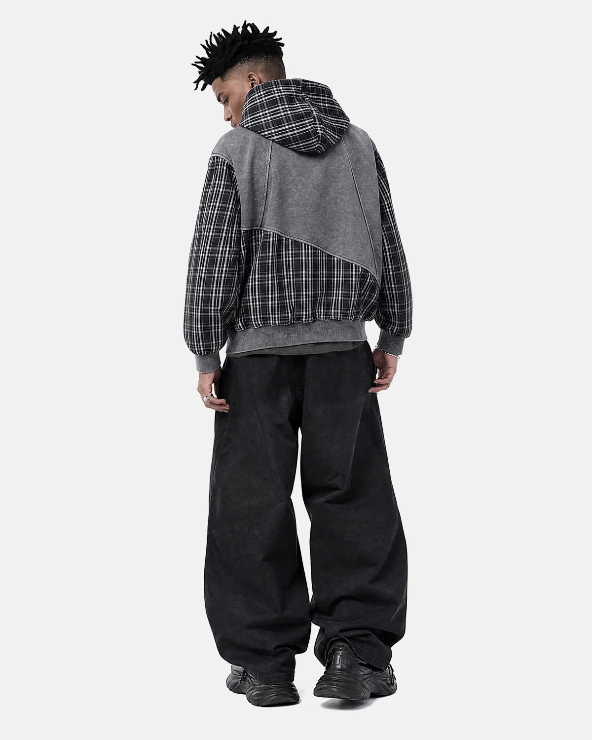 Omygoods Plaid Patchwork Boxy Zip Up Hoodie