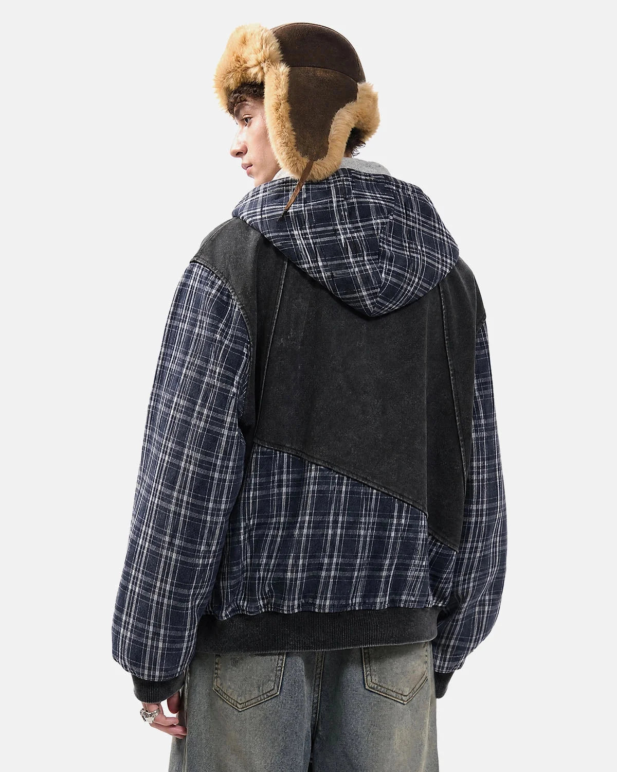Omygoods Plaid Patchwork Boxy Zip Up Hoodie