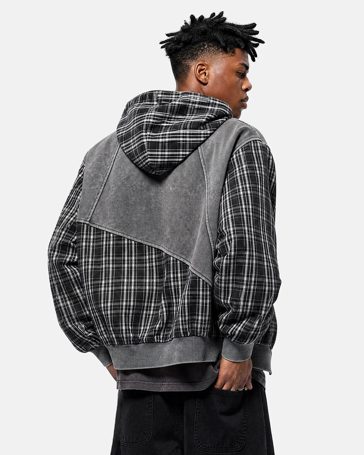 Omygoods Plaid Patchwork Boxy Zip Up Hoodie