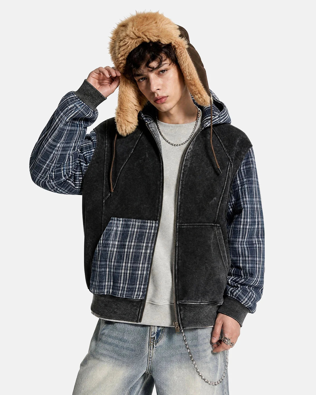 Omygoods Plaid Patchwork Boxy Zip Up Hoodie