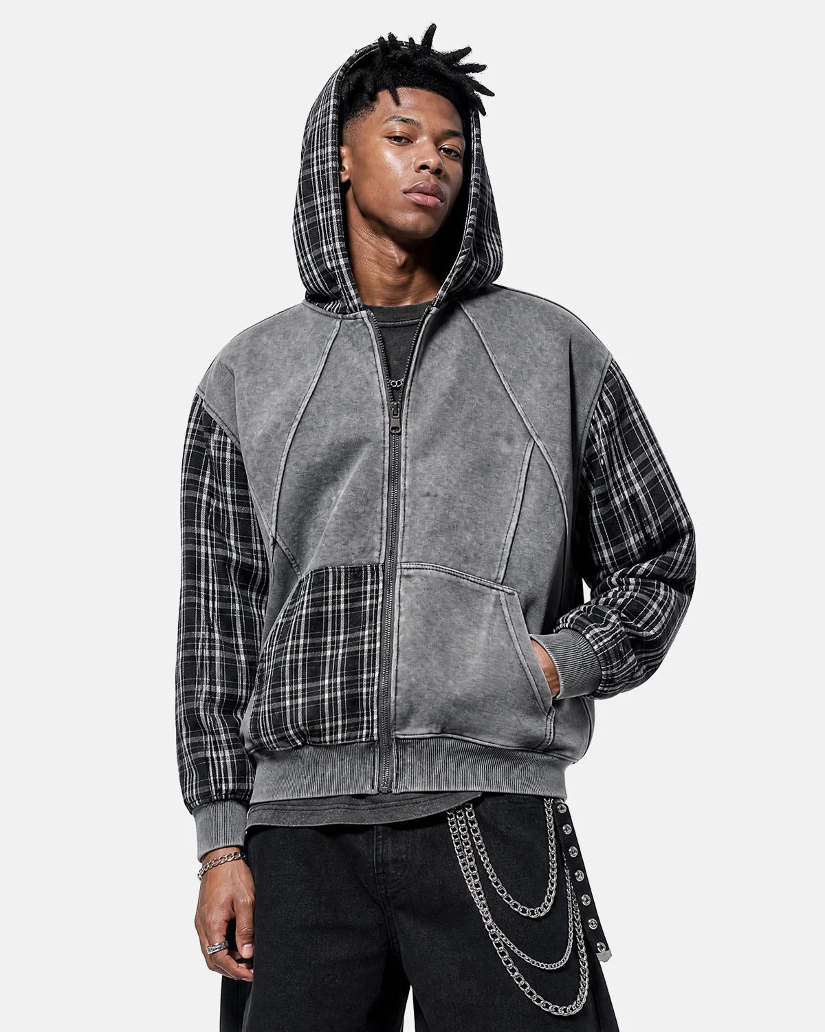Omygoods Plaid Patchwork Boxy Zip Up Hoodie