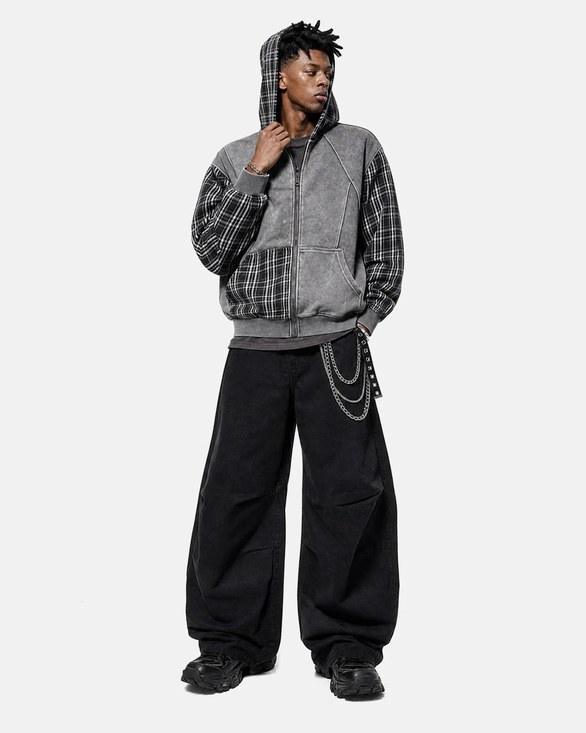 Omygoods Plaid Patchwork Boxy Zip Up Hoodie