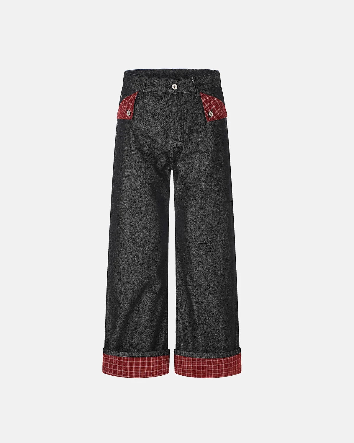 Omygoods Plaid Patchwork Cinch Back Baggy Jeans