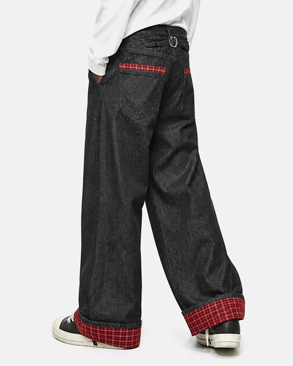Omygoods Plaid Patchwork Cinch Back Baggy Jeans