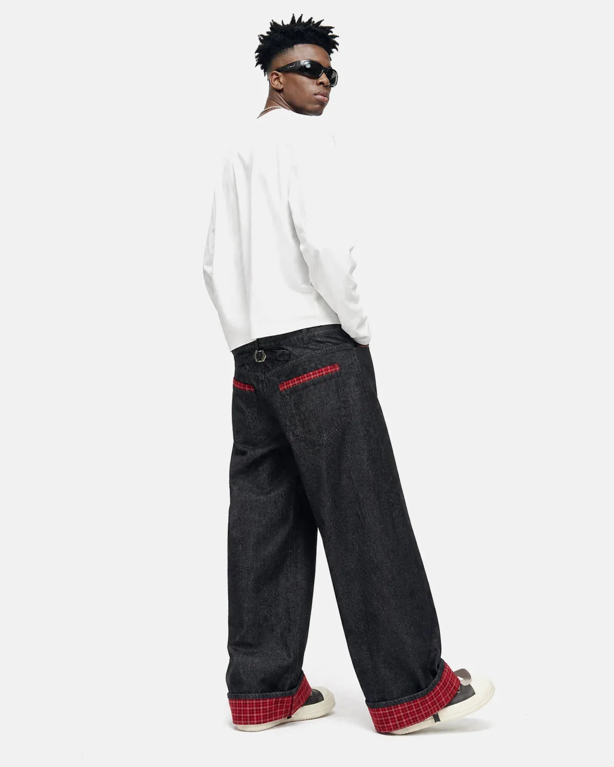 Omygoods Plaid Patchwork Cinch Back Baggy Jeans