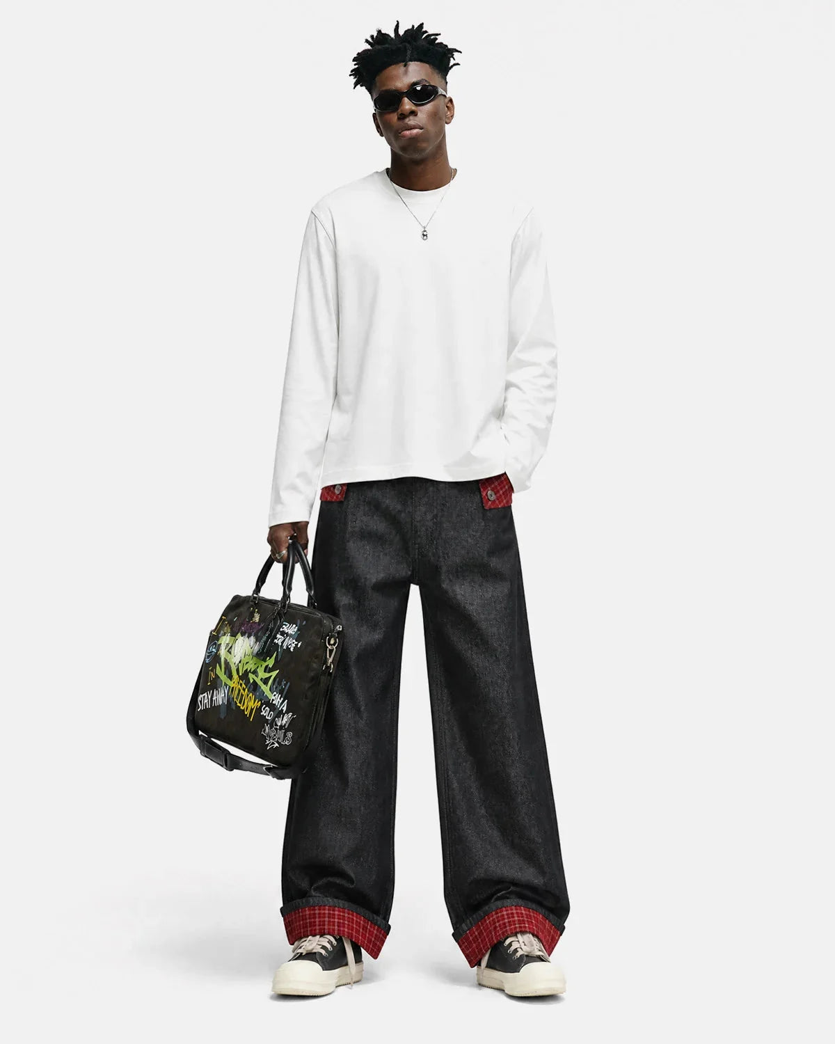 Omygoods Plaid Patchwork Cinch Back Baggy Jeans