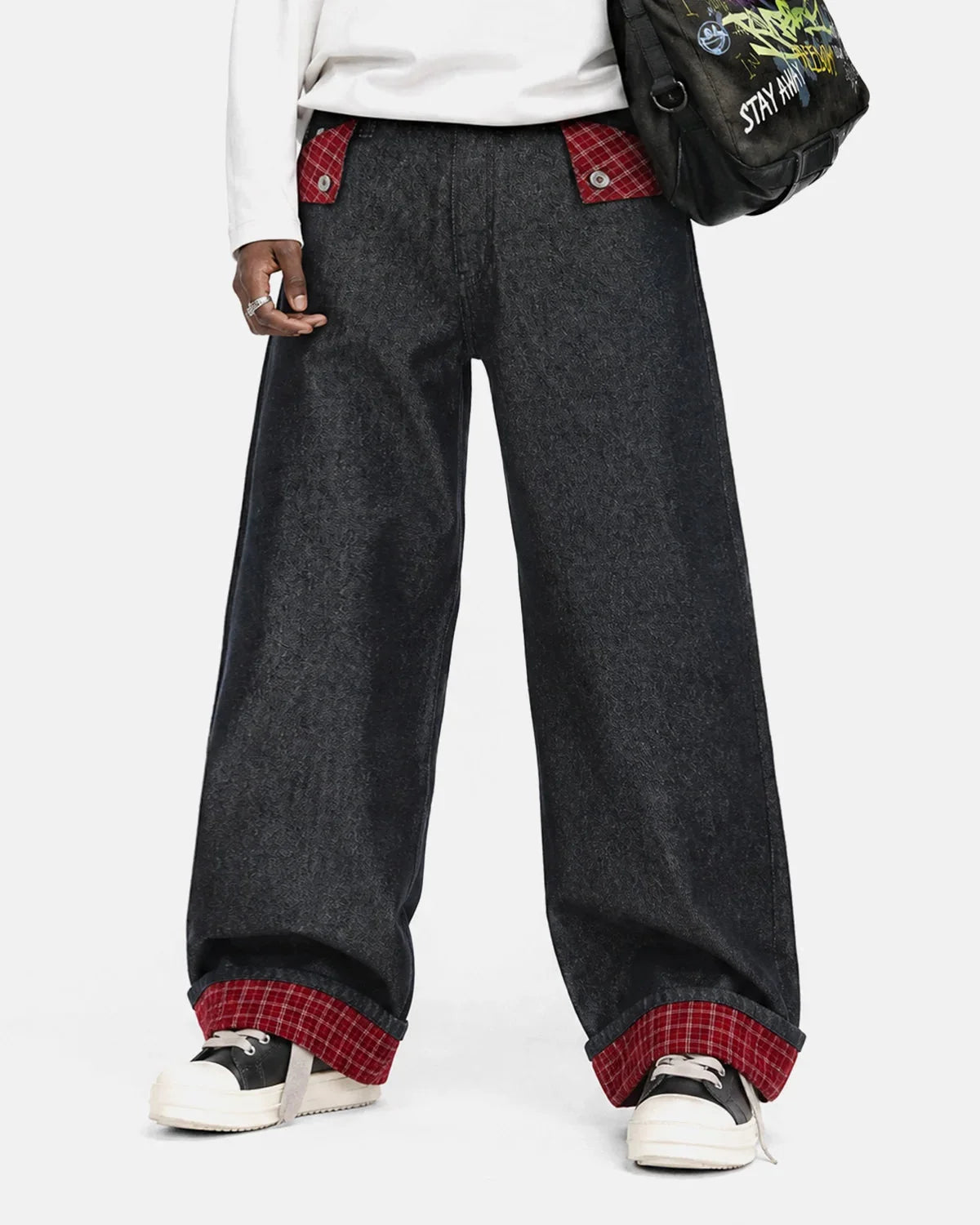 Omygoods Plaid Patchwork Cinch Back Baggy Jeans