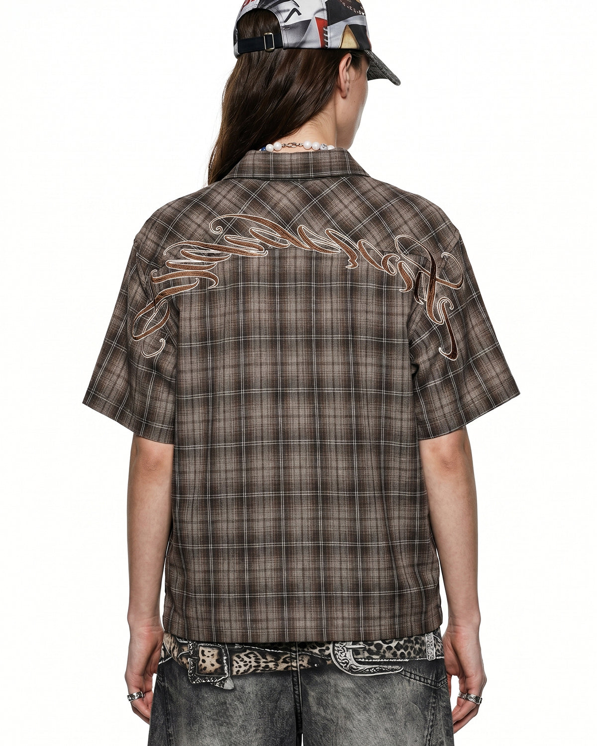 Omygoods Plaid Script Embroidered Shirt