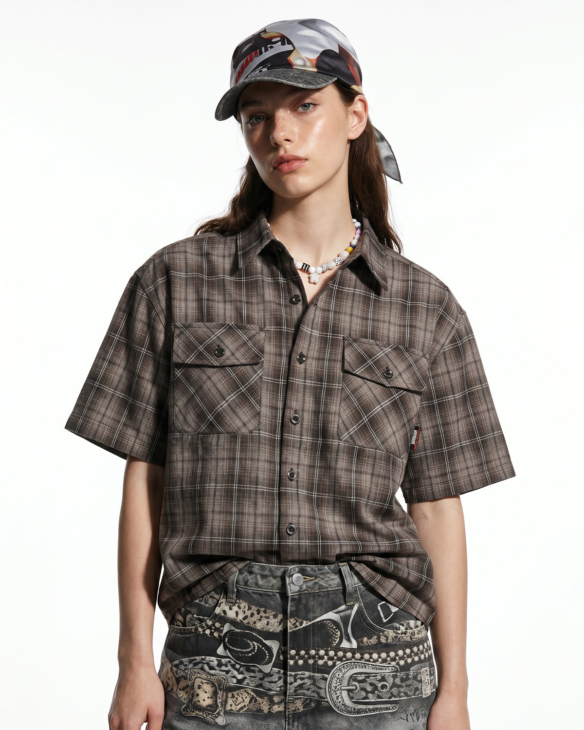 Omygoods Plaid Script Embroidered Shirt