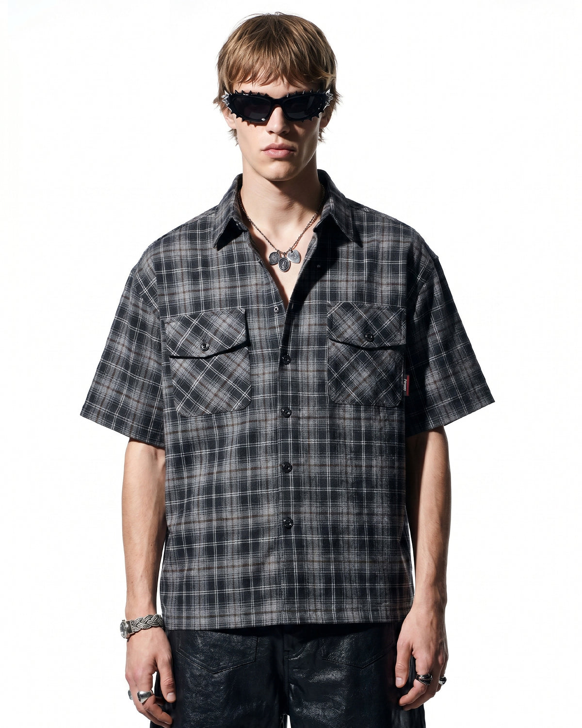 Omygoods Plaid Script Embroidered Shirt