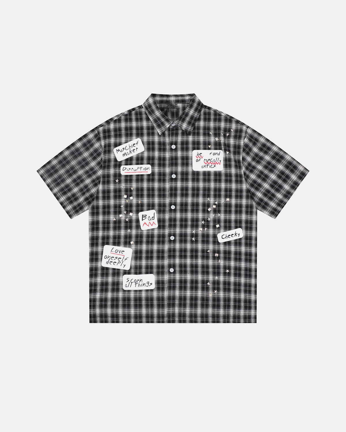 Omygoods Plaid Sticker Graphic Studded Shirt