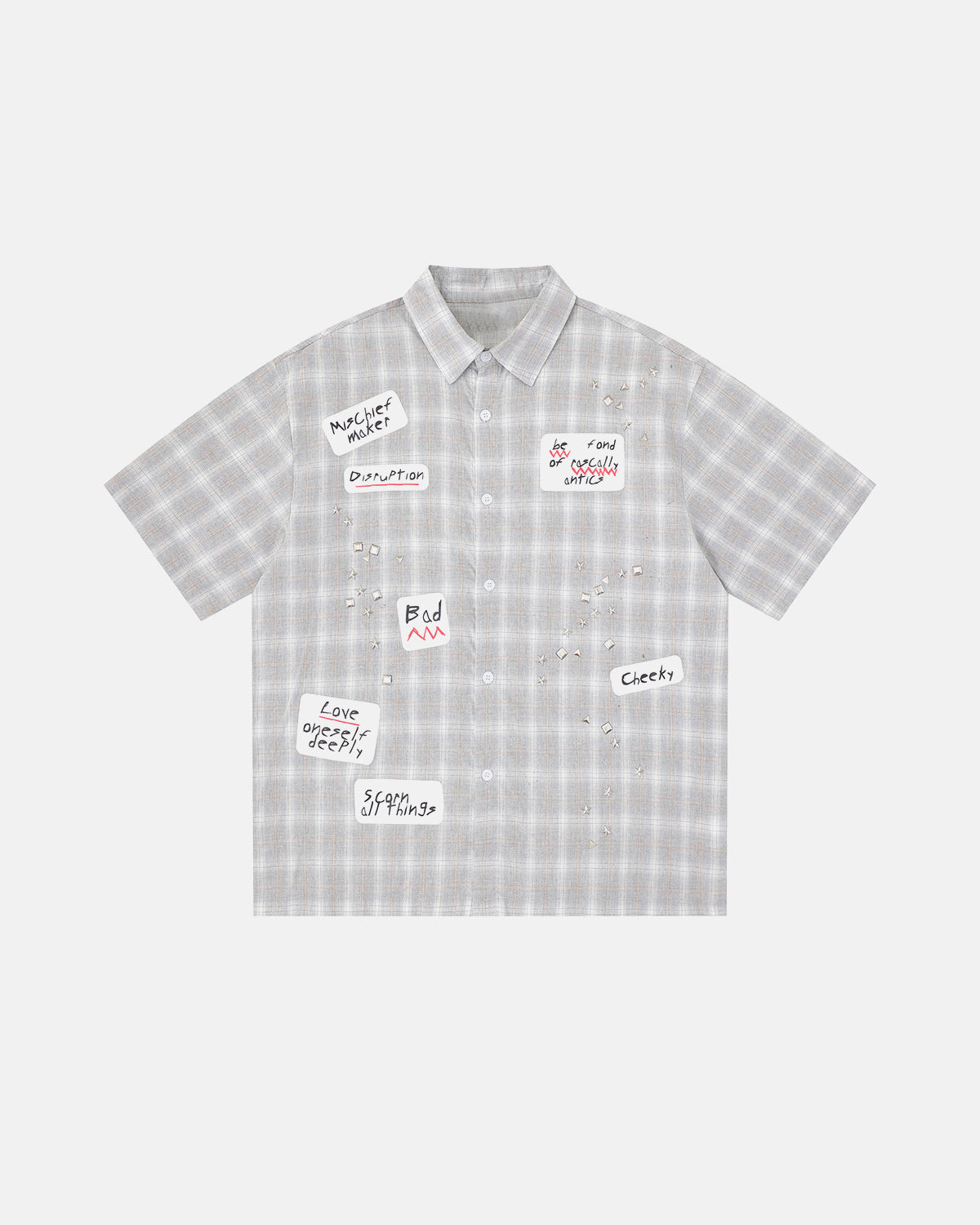 Omygoods Plaid Sticker Graphic Studded Shirt