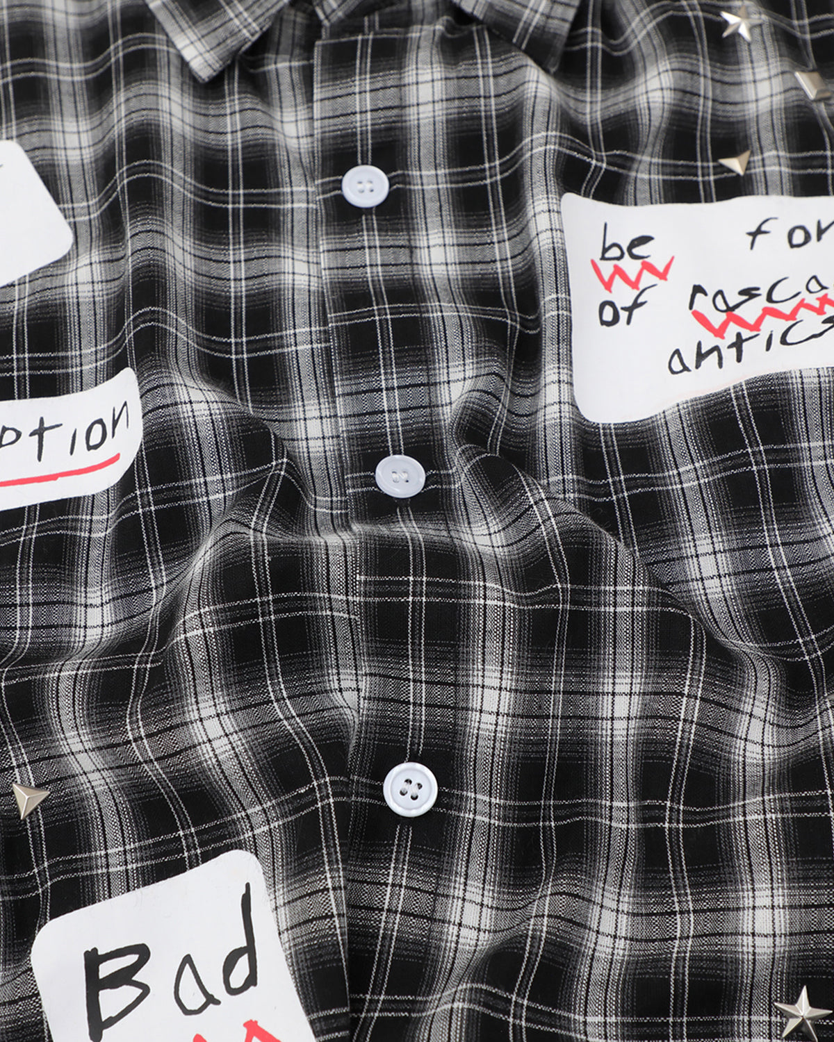 Omygoods Plaid Sticker Graphic Studded Shirt