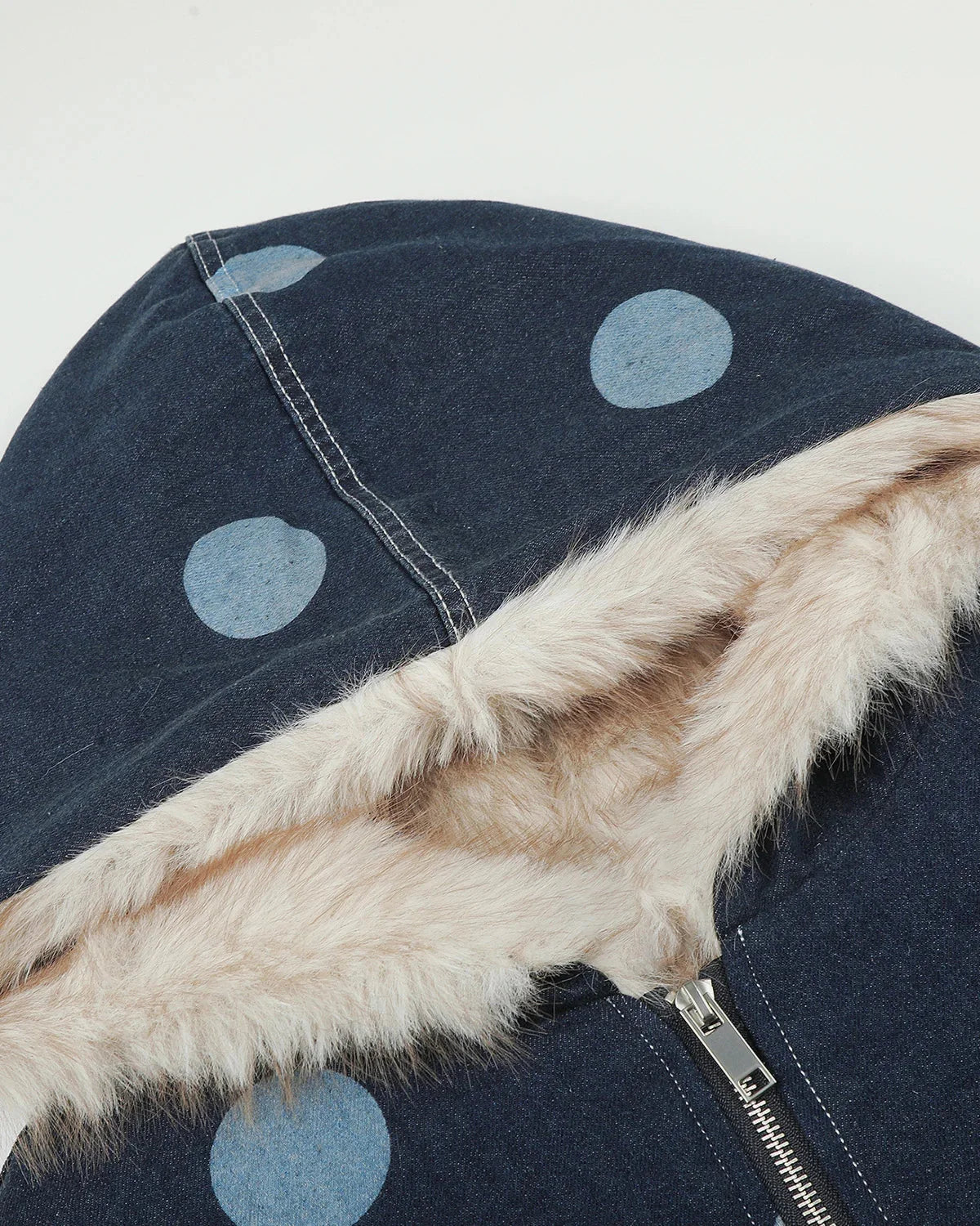 Omygoods Polka Dot Faux Fur Denim Jacket