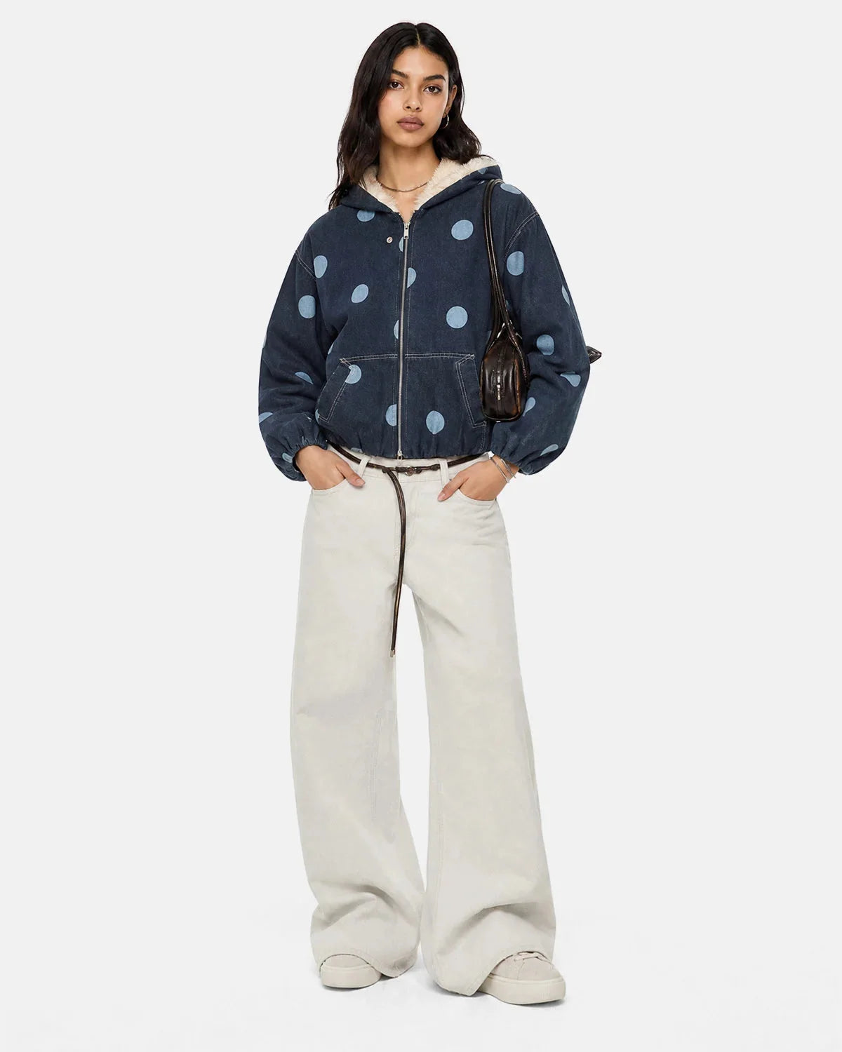 Omygoods Polka Dot Faux Fur Denim Jacket